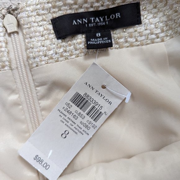 Ann Taylor Cream and Gold Tweed Pencil Skirt, NWT Size 8 - Picture 4 of 9